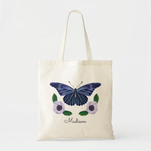 Elegant Blue Butterfly Floral Personalized Script Tote Bag