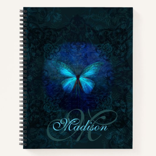 Elegant Blue Butterfly Name and Initiaal Sjabloon Notitieboek (Voorkant)