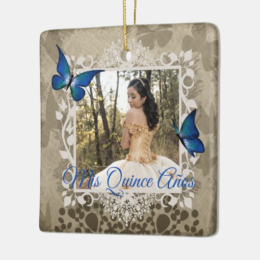 Elegant Blue Butterfly Quinceanera-kerstfoto Keramisch Ornament (Links)