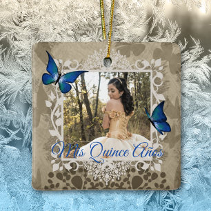 Elegant Blue Butterfly Quinceanera-kerstfoto Keramisch Ornament