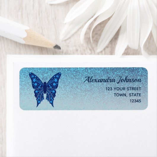 Elegant Blue Butterfly Return Address  Etiket (Insitu)