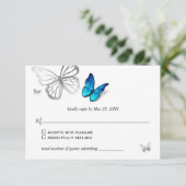Elegant Blue Butterfly Rustic Waterverf Wedding RSVP Kaartje (Staand voorkant)