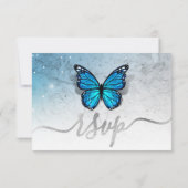 Elegant Blue Butterfly Rustic Waterverf Wedding RSVP Kaartje (Achterkant)