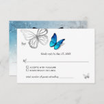 Elegant Blue Butterfly Rustic Waterverf Wedding RSVP Kaartje<br><div class="desc">Elegante, blauwe vlinder RSVP-kaarten die u kunt wijzigen op een eenvoudige DIY-sjabloon (opties voor zilver/goud). Het ontwerp van de waterverf dat door Raphaela Wilson wordt geïllustreerd, toont blauwe en zilveren vlinders in combinatie met een uniek schaduweffect om ze een 3D-uiterlijk te geven. Op de achterzijde verlicht door confetti-licht is een...</div>
