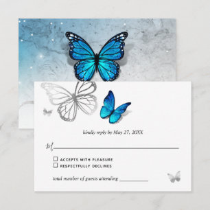 Elegant Blue Butterfly Rustic Waterverf Wedding RSVP Kaartje