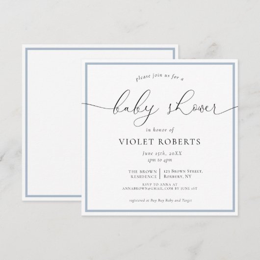 Elegant Blue Calligraphy Baby shower Invitation Kaart (Voorkant / Achterkant)