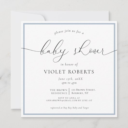 Elegant Blue Calligraphy Baby shower Invitation Kaart (Voorkant)