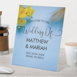 Elegant Blue Calligraphy Photo Weddenschap Welcome Reclamebord Met Voetstuk