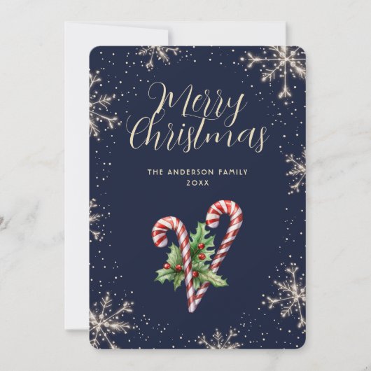 Elegant Blue Candy Canes Snowflakes Christmas Card Feestdagenkaart (Voorkant)