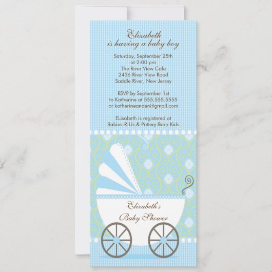 Elegant Blue Carriage Boy Baby shower Invitation Kaart (Voorkant)