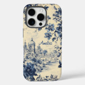 Elegant blue castle floral toile de jouy monogram Case-Mate iPhone case (Achterkant)