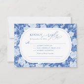Elegant Blue Chinoiserie Bird Peony Wedding RSVP Kaart (Voorkant)