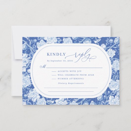 Elegant Blue Chinoiserie Bird Peony Wedding RSVP Kaart (Voorkant)