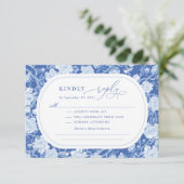 Elegant Blue Chinoiserie Bird Peony Wedding RSVP Kaart (Staand voorkant)