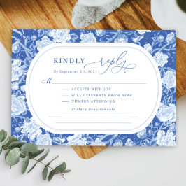 Elegant Blue Chinoiserie Bird Peony Wedding RSVP Kaart