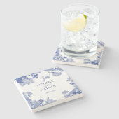 Elegant Blue Chinoiserie Chic Floral Wedding Stenen Onderzetter (Zijkant)