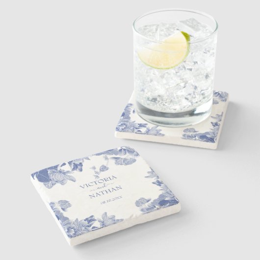 Elegant Blue Chinoiserie Chic Floral Wedding Stenen Onderzetter (Zijkant)