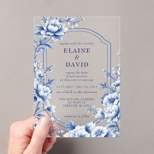 Elegant Blue Chinoiserie Floral Botanical Wedding Acryl Uitnodigingen (Insitu (Draagbaar))