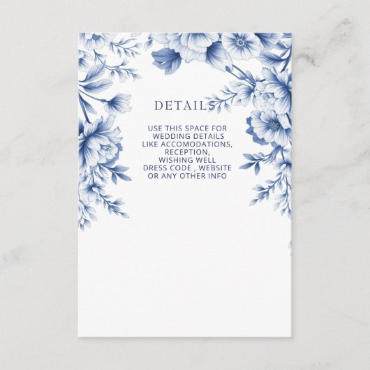 Elegant Blue Chinoiserie Floral Botanical Wedding Informatiekaartje (Voorkant)