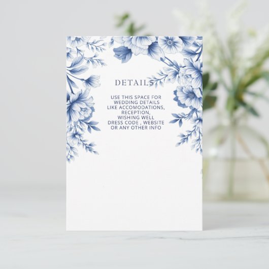 Elegant Blue Chinoiserie Floral Botanical Wedding Informatiekaartje (Staand voorkant)