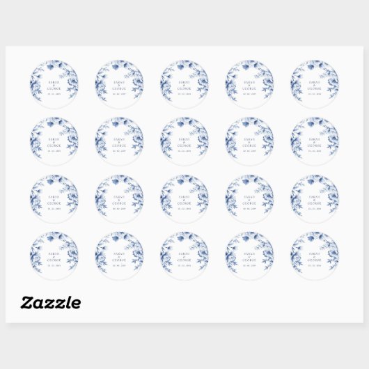 Elegant Blue Chinoiserie Floral Botanical Wedding Ronde Sticker (Vel)