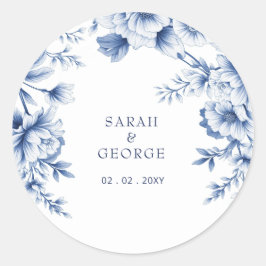 Elegant Blue Chinoiserie Floral Botanical Wedding Ronde Sticker