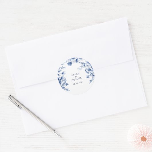 Elegant Blue Chinoiserie Floral Botanical Wedding Ronde Sticker (Envelop)