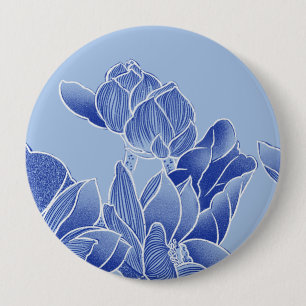 Elegant Blue Chinoiserie Floral Lotus Mandala Ronde Button 4,0 Cm