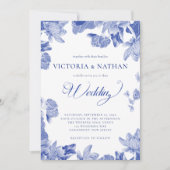 Elegant Blue Chinoiserie Floral Photo Wedding Kaart (Voorkant)