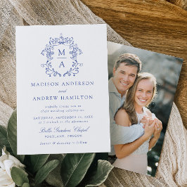 Elegant Blue Chinoiserie Floral Photo Wedding Kaart