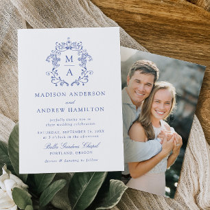 Elegant Blue Chinoiserie Floral Photo Wedding Kaart