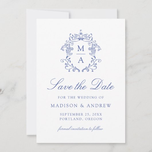 Elegant Blue Chinoiserie Floral QR Code Wedding Save The Date (Voorkant)