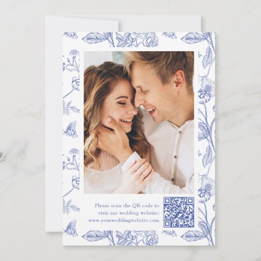 Elegant Blue Chinoiserie Floral QR Code Wedding Save The Date (Achterkant)
