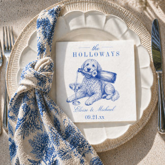 Elegant Blue Chinoiserie Golden Doodle Wedding Servet