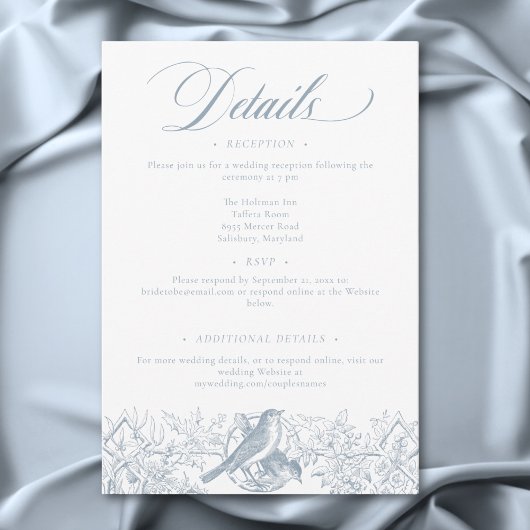 Elegant Blue Chinoiserie Nature & Birds Wedding Informatiekaartje