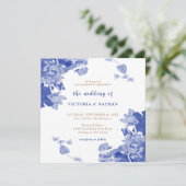 Elegant Blue Chinoiserie Photo Square Wedding Kaart (Staand voorkant)