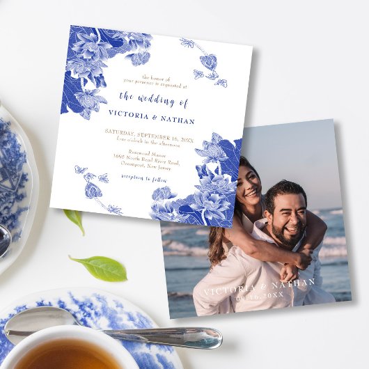 Elegant Blue Chinoiserie Photo Square Wedding Kaart