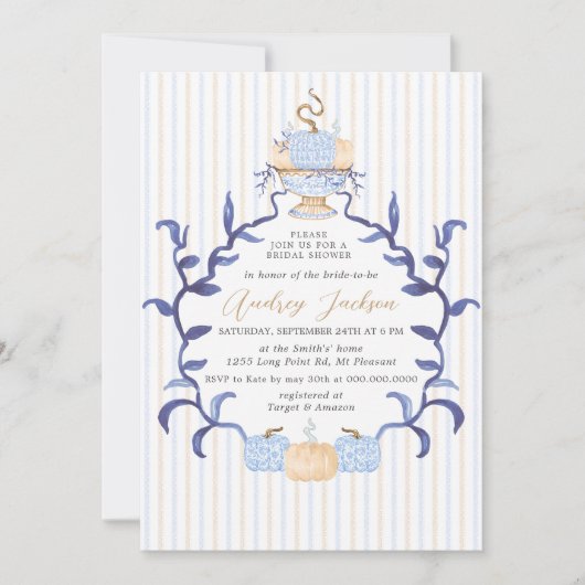 Elegant Blue Chinoiserie Pumpkin Bridal Shower Kaart (Voorkant)