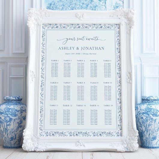 Elegant Blue Chinoiserie Wedding Seating Chart Poster