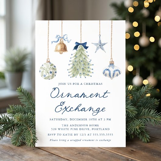 Elegant Blue Christmas Ornament Exchange Kaart