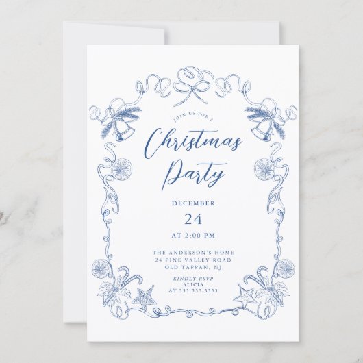 Elegant Blue Christmas Party Invitation Kaart (Voorkant)
