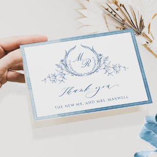 Elegant Blue Classic Monogram, Waterverf bruiloft Bedankkaart