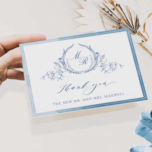Elegant Blue Classic Monogram, Waterverf bruiloft Bedankkaart