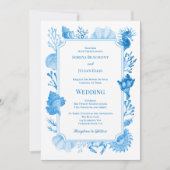 Elegant Blue Coastal Seashell and Coral Wedding Kaart (Voorkant)