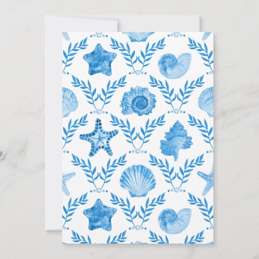 Elegant Blue Coastal Seashell and Coral Wedding Kaart (Achterkant)