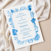 Elegant Blue Coastal Seashell and Coral Wedding Kaart