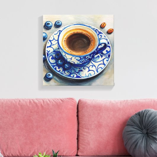Elegant Blue Coffee Cup with Blueberries – Realist Canvas Afdruk (Insitu (Woonkamer))