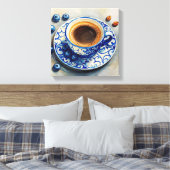 Elegant Blue Coffee Cup with Blueberries – Realist Canvas Afdruk (Insitu (Slaapkamer))