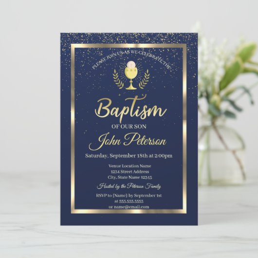 Elegant Blue Confetti Baptisme Kaart (Staand voorkant)