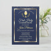 Elegant Blue Confetti First Heilige Communie Kaart (Staand voorkant)